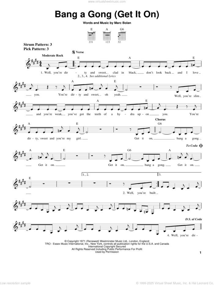 Bang A Gong (Get It On) sheet music for guitar solo (chords) by T Rex, The Power Station and Marc Bolan, easy guitar (chords)