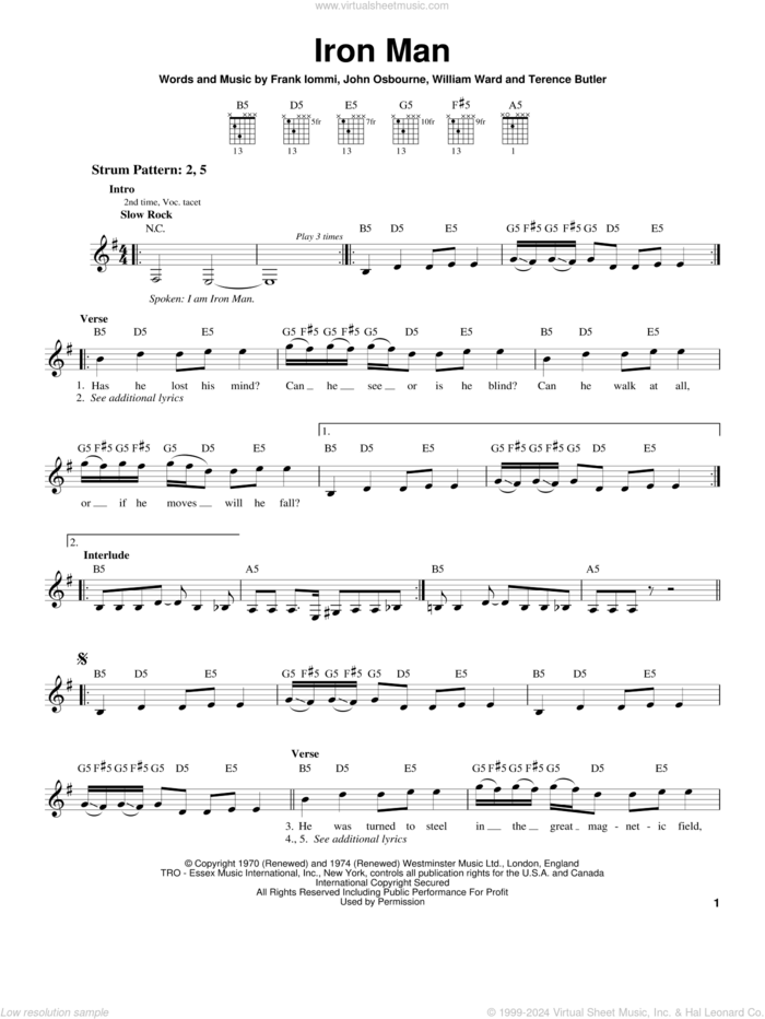 Iron Man sheet music for guitar solo (chords) by Black Sabbath, Ozzy Osbourne, Frank Iommi, John Osbourne and William Ward, easy guitar (chords)