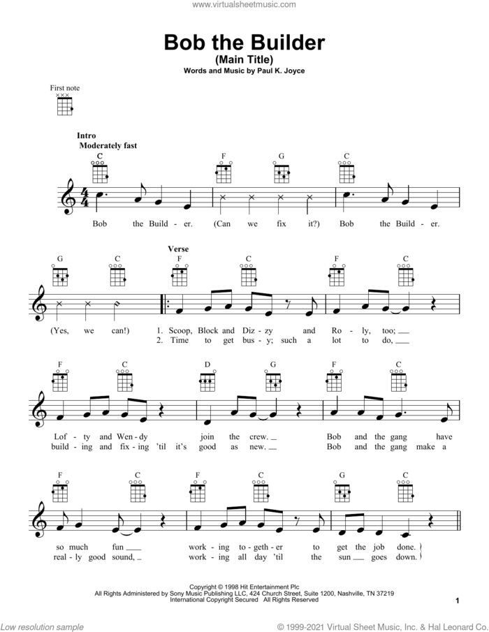 Bob The Builder (Main Title) sheet music for ukulele by Paul K. Joyce, intermediate skill level