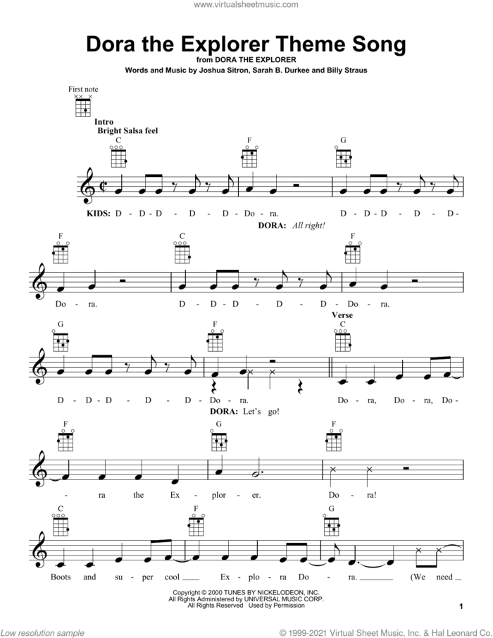 Dora The Explorer Theme Song sheet music for ukulele by Billy Straus, Joshua Sitron and Sarah B. Durkee, intermediate skill level