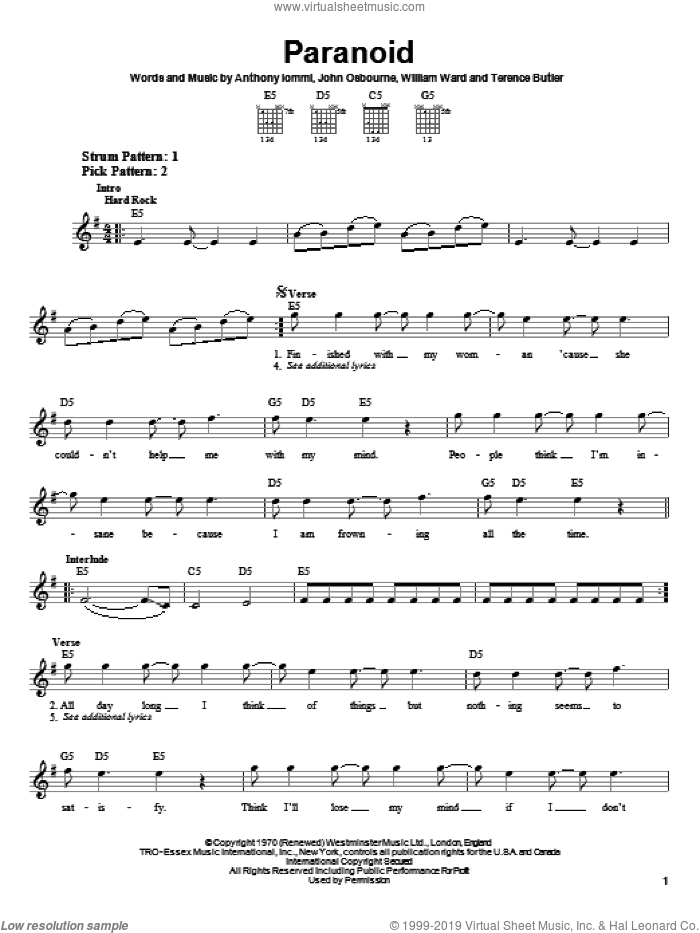 Paranoid sheet music for guitar solo (chords) by Black Sabbath, Ozzy Osbourne, Anthony Iommi, John Osbourne and William Ward, easy guitar (chords)