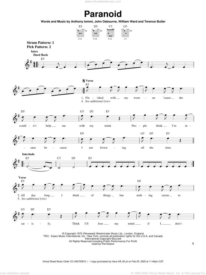 Paranoid sheet music for guitar solo (chords) by Black Sabbath, Ozzy Osbourne, Anthony Iommi, John Osbourne and William Ward, easy guitar (chords)