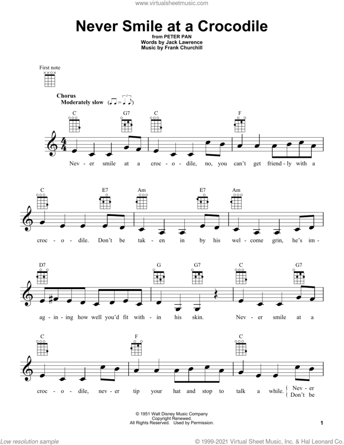 Never Smile At A Crocodile (from Peter Pan) sheet music for ukulele by Jack Lawrence and Frank Churchill, intermediate skill level