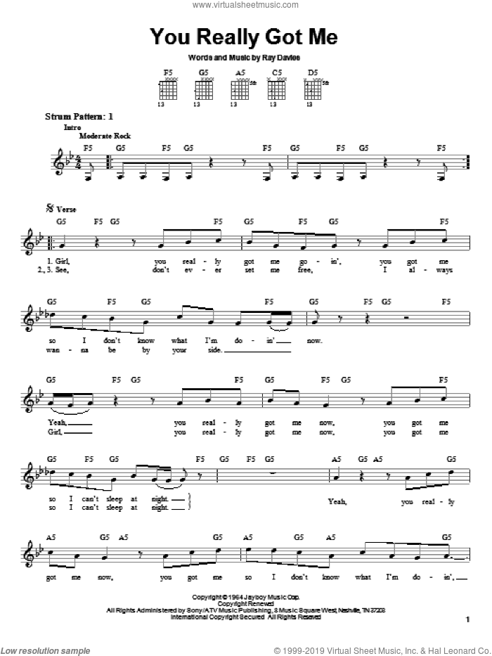 You Really Got Me sheet music for guitar solo (chords) by The Kinks, Edward Van Halen and Ray Davies, easy guitar (chords)