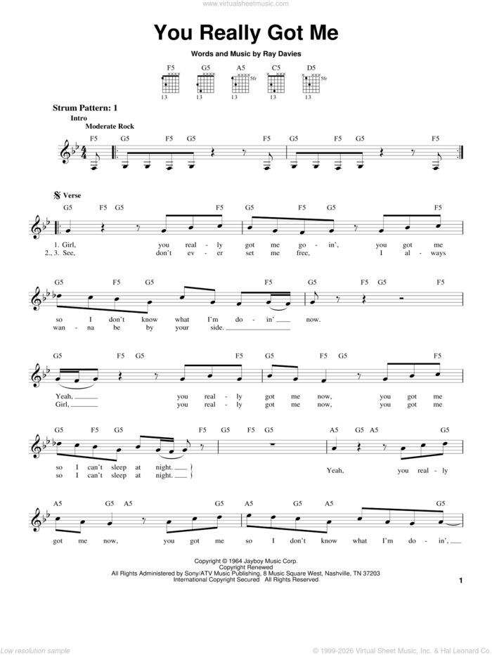 You Really Got Me sheet music for guitar solo (chords) by The Kinks, Edward Van Halen and Ray Davies, easy guitar (chords)
