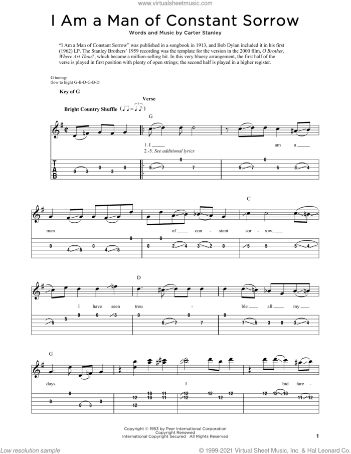 I Am A Man Of Constant Sorrow sheet music for dobro solo by The Soggy Bottom Boys, Fred Sokolow, Carter Stanley and Ralph Stanley, easy skill level