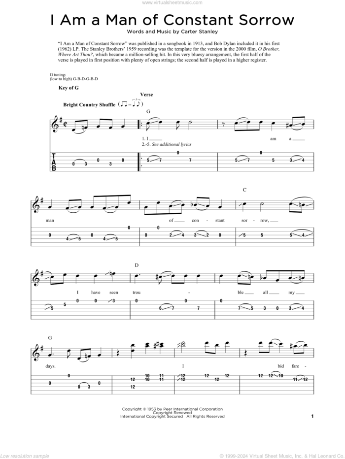 I Am A Man Of Constant Sorrow sheet music for dobro solo by The Soggy Bottom Boys, Fred Sokolow, Carter Stanley and Ralph Stanley, easy skill level