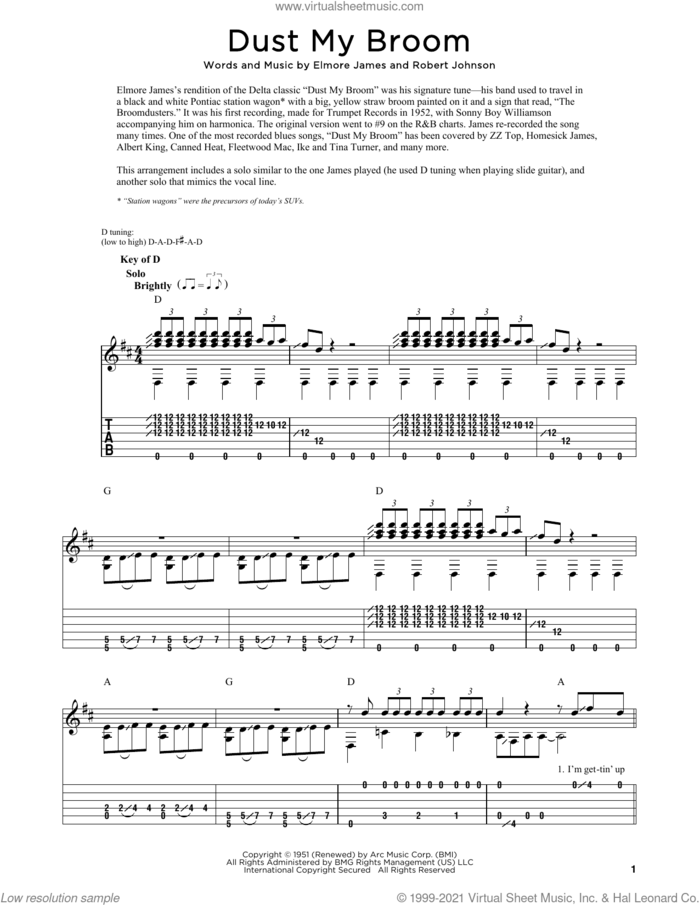 Dust My Broom sheet music for dobro solo by Elmore James, Fred Sokolow and Robert Johnson, easy skill level