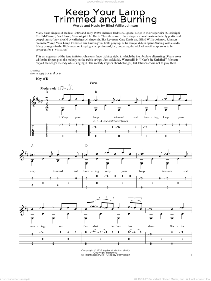 Keep Your Lamp Trimmed And Burning sheet music for dobro solo by Blind Willie Johnson and Fred Sokolow, easy skill level