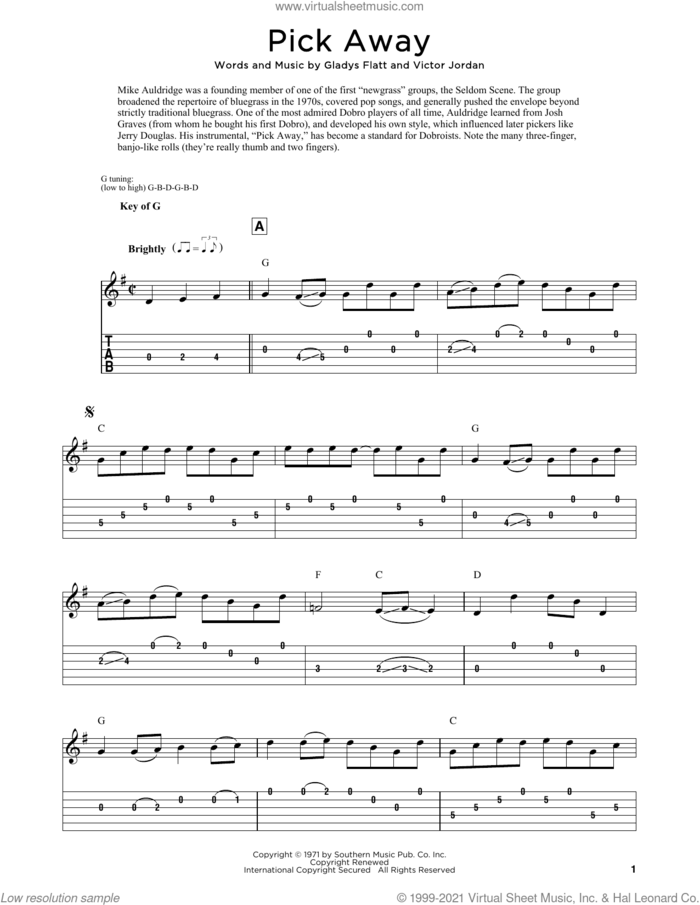 Pick Away sheet music for dobro solo by Lester Flatt, Fred Sokolow, Gladys Flatt and Victor Jordan, easy skill level