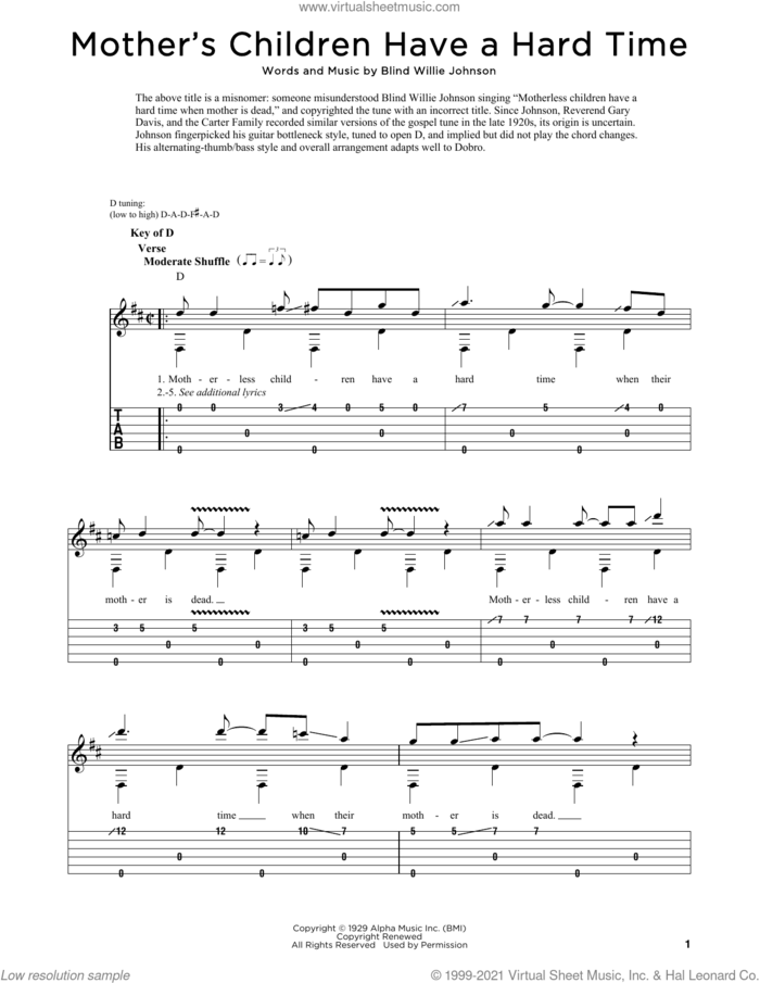 Mother's Children Have A Hard Time sheet music for dobro solo by Blind Willie Johnson and Fred Sokolow, easy skill level