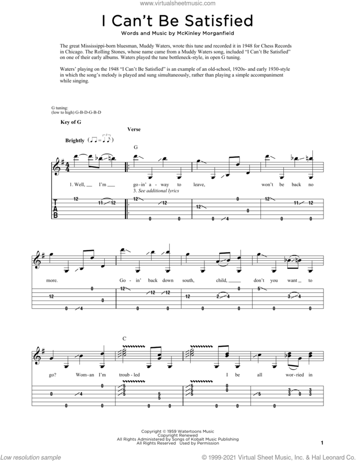 I Can't Be Satisfied sheet music for dobro solo by Muddy Waters and Fred Sokolow, easy skill level