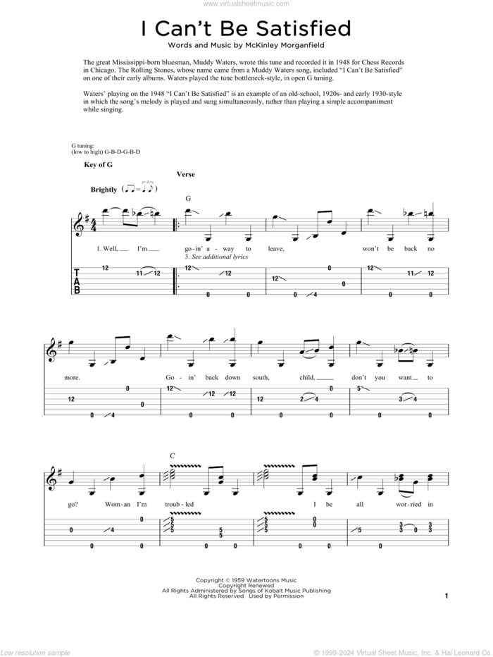 I Can't Be Satisfied sheet music for dobro solo by Muddy Waters and Fred Sokolow, easy skill level