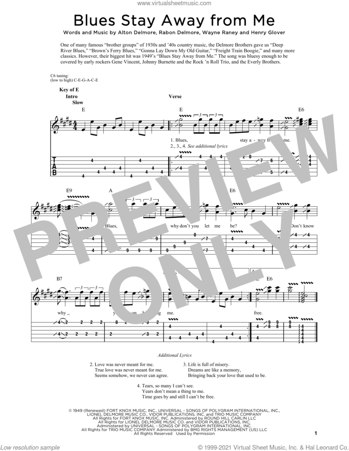 Blues Stay Away From Me sheet music for dobro solo by Delmore Brothers, Fred Sokolow, Alton Delmore, Henry Glover, Rabon Delmore and Wayne Raney, easy skill level