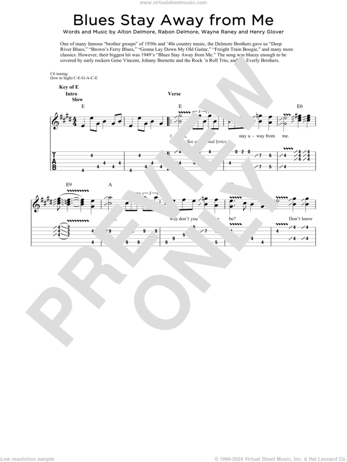 Blues Stay Away From Me sheet music for dobro solo by Delmore Brothers, Fred Sokolow, Alton Delmore, Henry Glover, Rabon Delmore and Wayne Raney, easy skill level