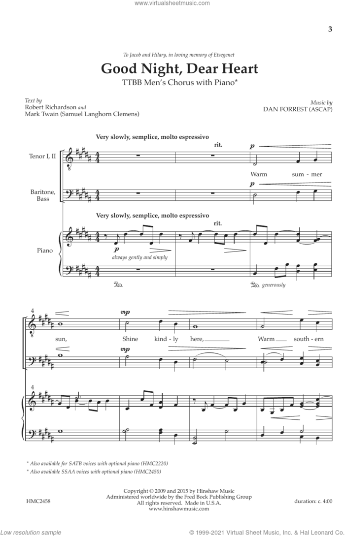 Good Night, Dear Heart sheet music for choir (TTBB: tenor, bass) by Dan Forrest, Mark Twain and Robert Richardson, intermediate skill level