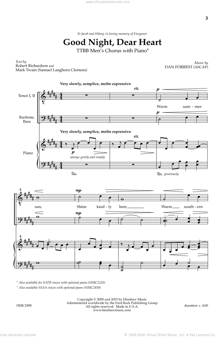 Good Night, Dear Heart sheet music for choir (TTBB: tenor, bass) by Dan Forrest, Mark Twain and Robert Richardson, intermediate skill level