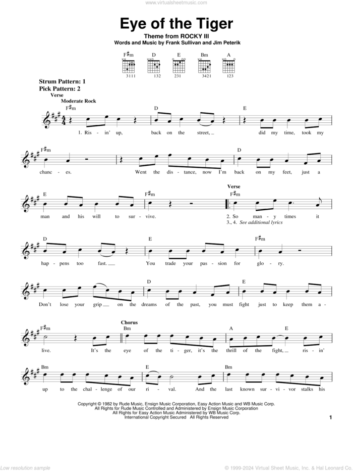 Eye Of The Tiger sheet music for guitar solo (chords) by Survivor, Frank Sullivan and Jim Peterik, easy guitar (chords)