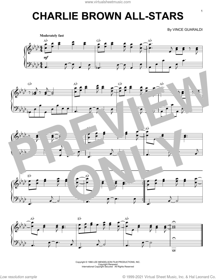 Charlie Brown All Stars sheet music for piano solo by Vince Guaraldi, intermediate skill level