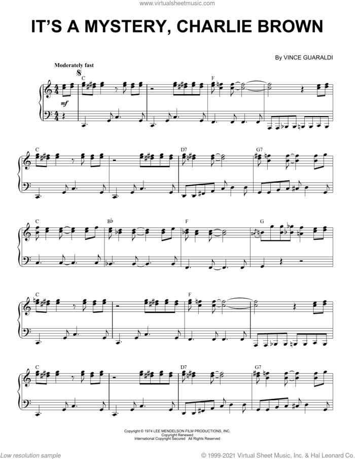 It's A Mystery Charlie Brown sheet music for piano solo by Vince Guaraldi, intermediate skill level