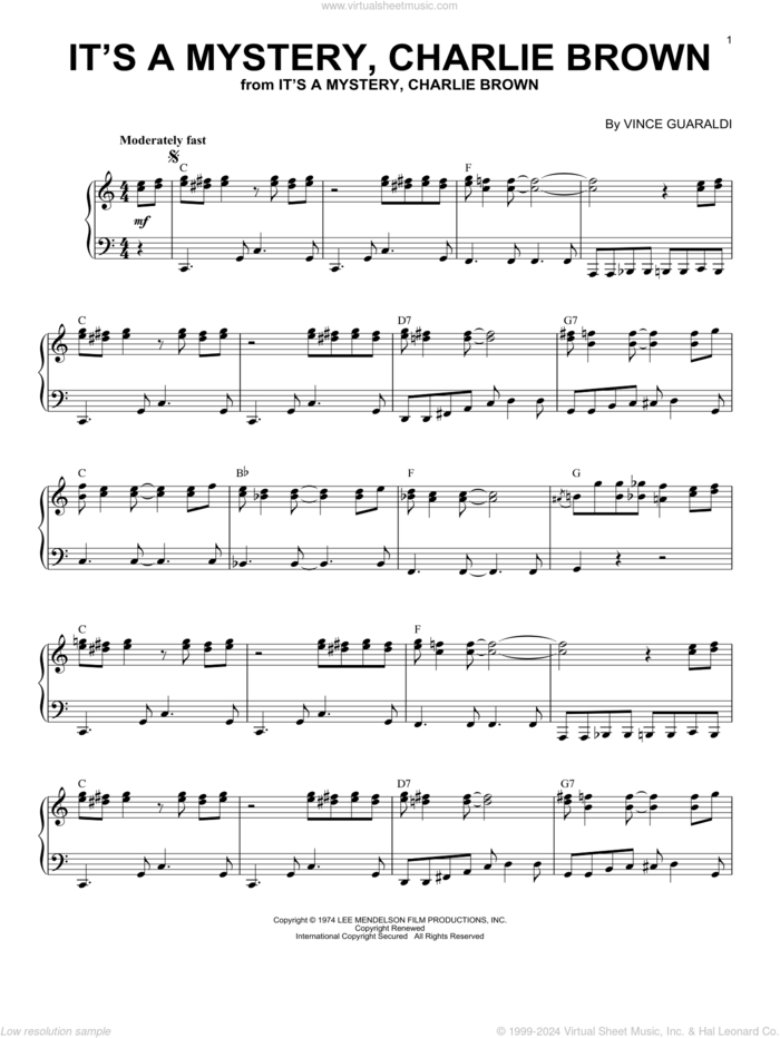 It's A Mystery Charlie Brown sheet music for piano solo by Vince Guaraldi, intermediate skill level