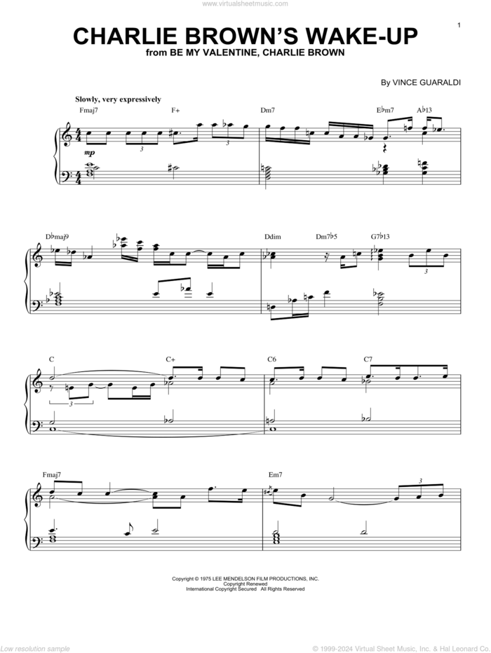 Charlie Brown's Wake-Up sheet music for piano solo by Vince Guaraldi, intermediate skill level