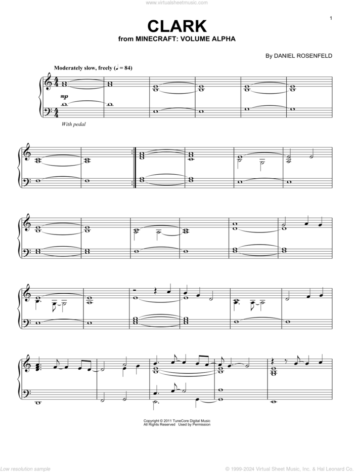 Clark (from Minecraft), (intermediate) sheet music for piano solo by C418 and Daniel Rosenfeld, intermediate skill level