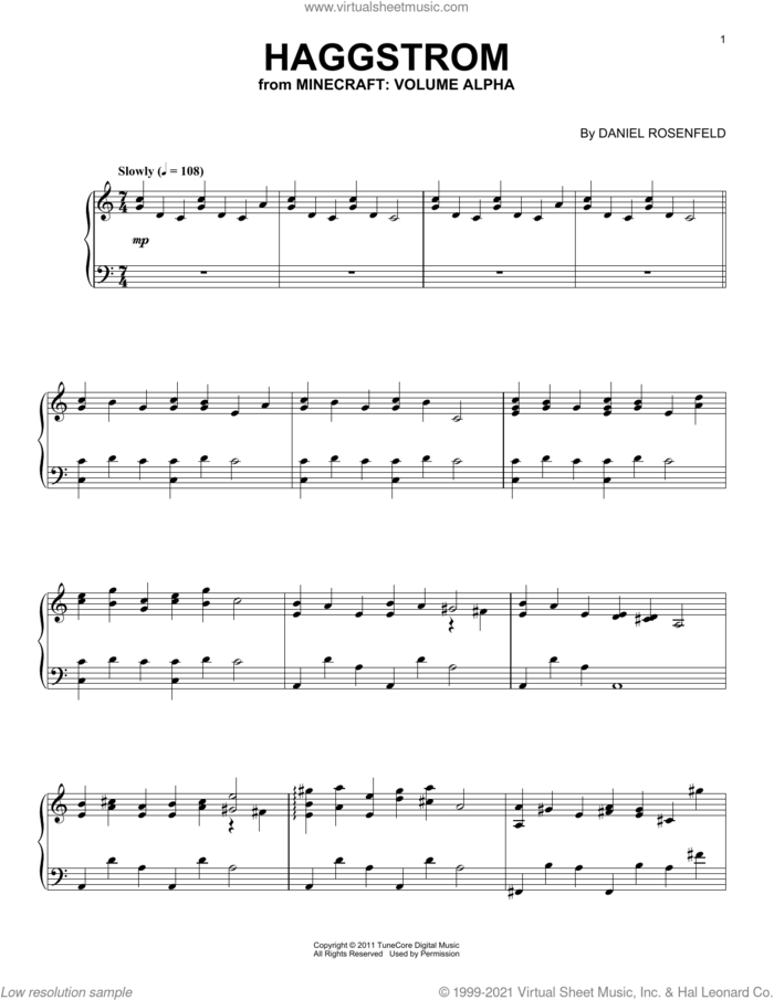 Haggstrom (from Minecraft) sheet music for piano solo by C418 and Daniel Rosenfeld, intermediate skill level