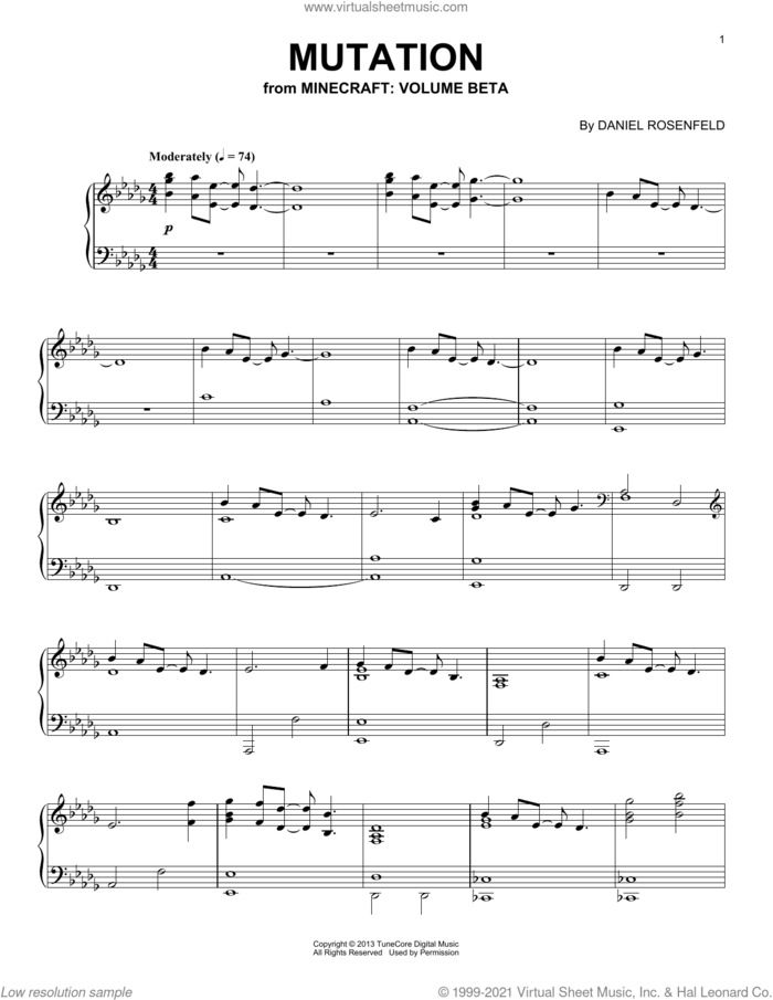 Mutation (from Minecraft), (intermediate) sheet music for piano solo by C418 and Daniel Rosenfeld, intermediate skill level