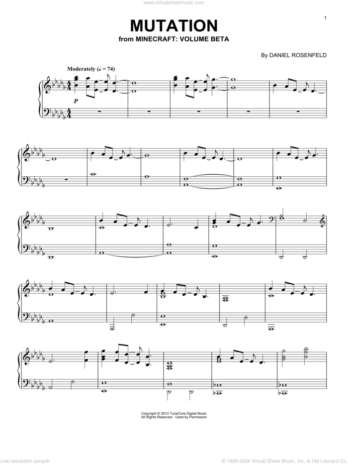 Mutation (from Minecraft), (intermediate) sheet music for piano solo by C418 and Daniel Rosenfeld, intermediate skill level