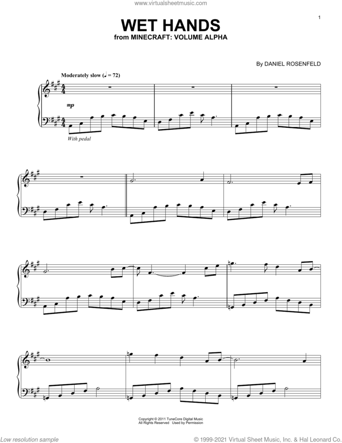 Wet Hands (from Minecraft), (intermediate) sheet music for piano solo by C418 and Daniel Rosenfeld, intermediate skill level