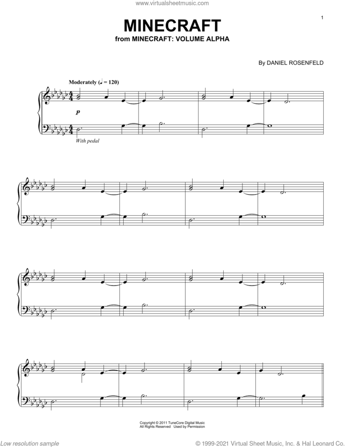 Minecraft (from Minecraft), (intermediate) sheet music for piano solo by C418 and Daniel Rosenfeld, intermediate skill level