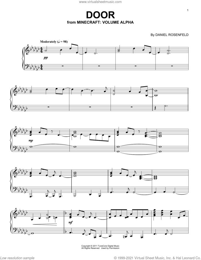 Door (from Minecraft), (intermediate) sheet music for piano solo by C418 and Daniel Rosenfeld, intermediate skill level