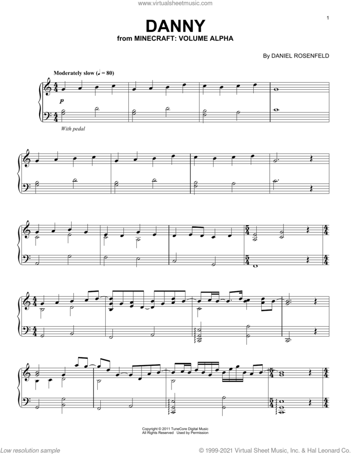 Danny (from Minecraft) sheet music for piano solo by C418 and Daniel Rosenfeld, intermediate skill level