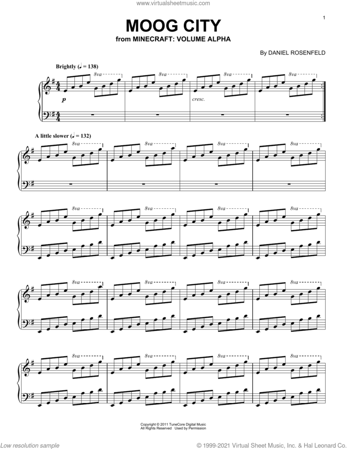 Moog City (from Minecraft) sheet music for piano solo by C418 and Daniel Rosenfeld, intermediate skill level