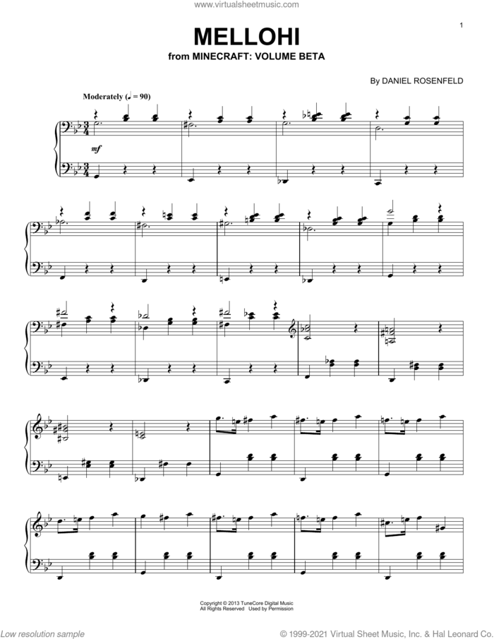 Mellohi (from Minecraft), (intermediate) sheet music for piano solo by C418 and Daniel Rosenfeld, intermediate skill level