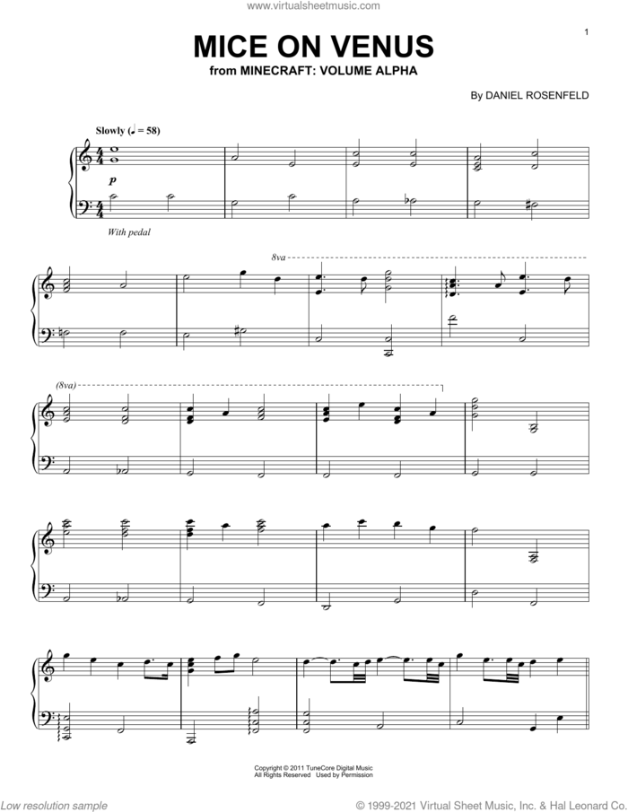Mice On Venus (from Minecraft), (intermediate) sheet music for piano solo by C418 and Daniel Rosenfeld, intermediate skill level