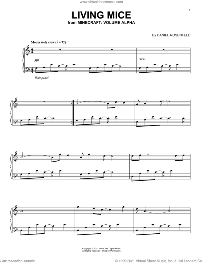 Living Mice (from Minecraft), (intermediate) sheet music for piano solo by C418 and Daniel Rosenfeld, intermediate skill level