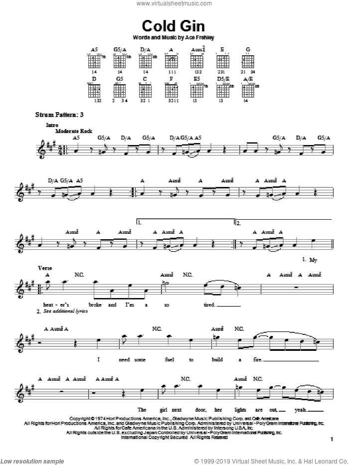 Cold Gin sheet music for guitar solo (chords) by KISS and Ace Frehley, easy guitar (chords)