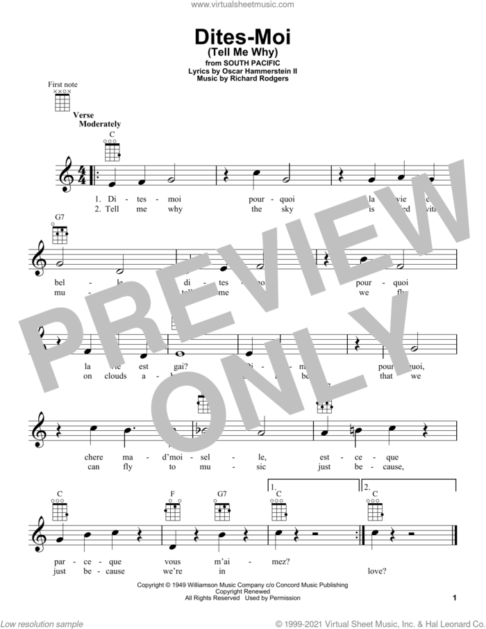 Dites-Moi (Tell Me Why) (from South Pacific) sheet music for ukulele by Richard Rodgers, Oscar II Hammerstein and Rodgers & Hammerstein, intermediate skill level