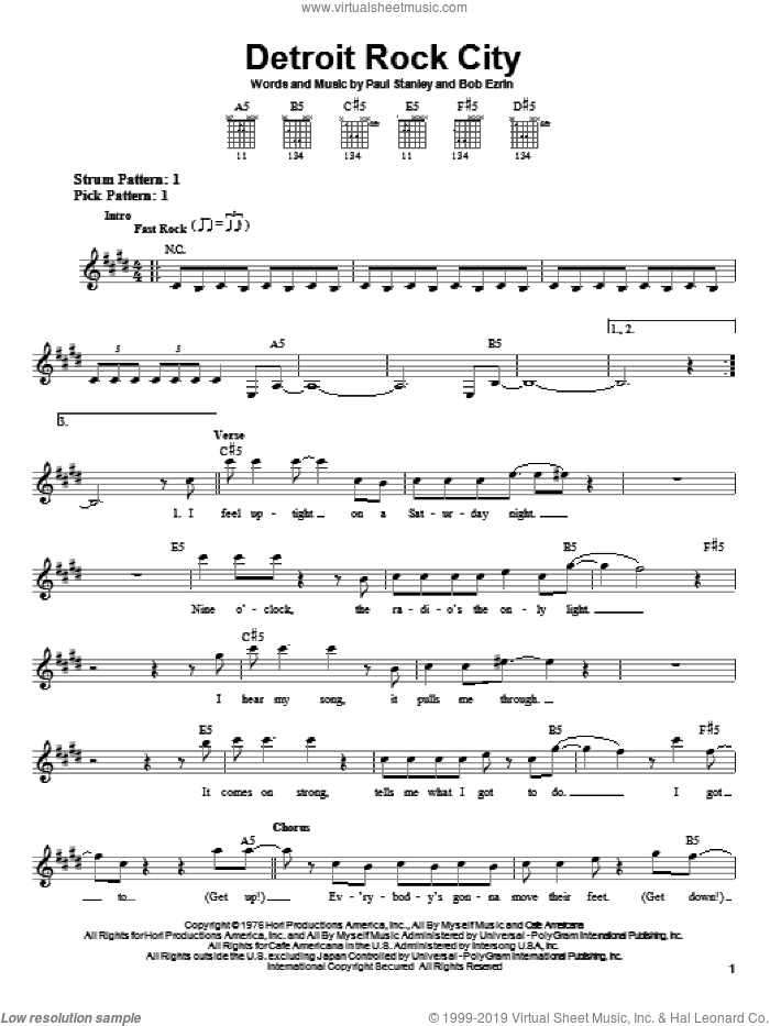Detroit Rock City sheet music for guitar solo (chords) by KISS, Bob Erzin and Paul Stanley, easy guitar (chords)