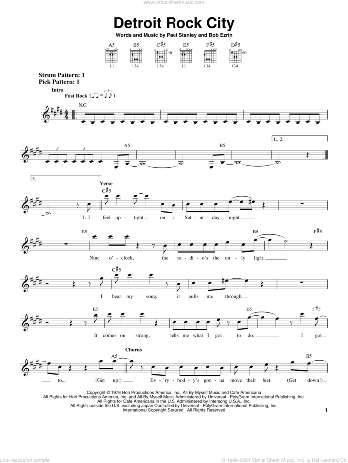 Detroit Rock City sheet music for guitar solo (chords) by KISS, Bob Erzin and Paul Stanley, easy guitar (chords)