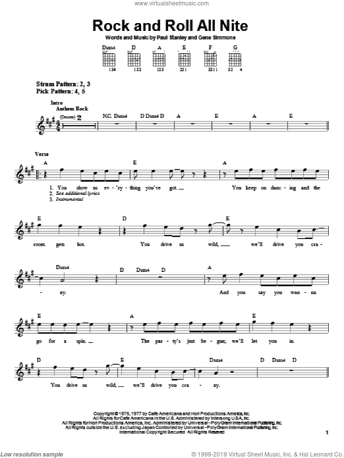 Rock And Roll All Nite sheet music for guitar solo (chords) by KISS, Gene Simmons and Paul Stanley, easy guitar (chords)