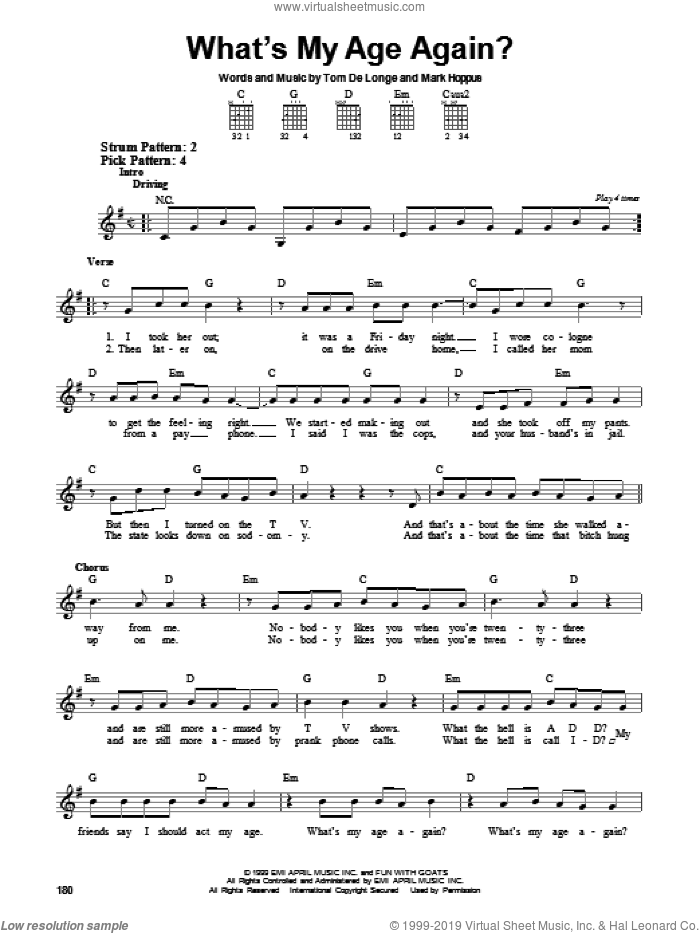 What's My Age Again? sheet music for guitar solo (chords) by Blink-182, Mark Hoppus and Tom DeLonge, easy guitar (chords)