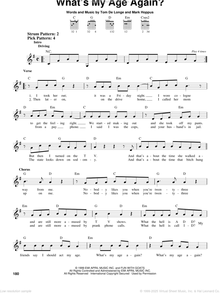 What's My Age Again? sheet music for guitar solo (chords) by Blink-182, Mark Hoppus and Tom DeLonge, easy guitar (chords)