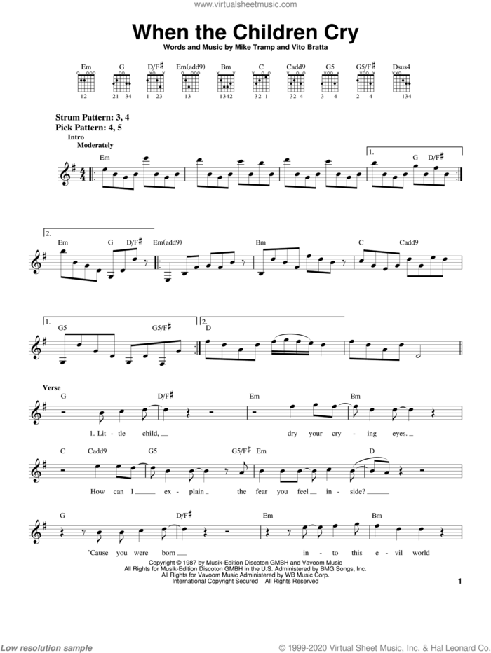 When The Children Cry sheet music for guitar solo (chords) by White Lion, Mike Tramp and Vito Bratta, easy guitar (chords)