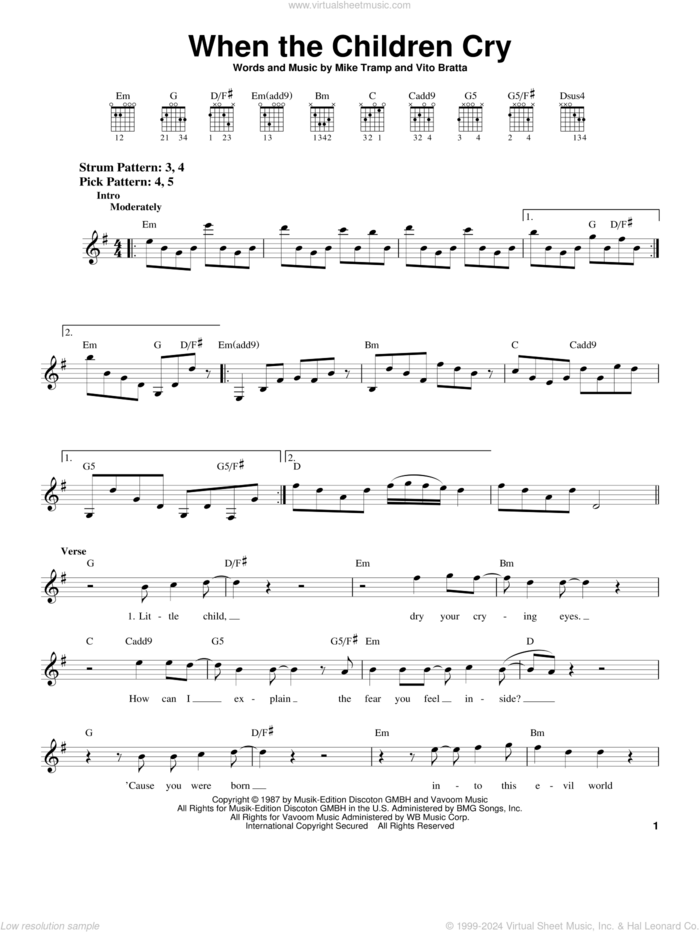 When The Children Cry sheet music for guitar solo (chords) by White Lion, Mike Tramp and Vito Bratta, easy guitar (chords)