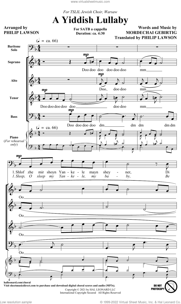 A Yiddish Lullaby (arr. Philip Lawson) sheet music for choir (SATB: soprano, alto, tenor, bass) by Mordechai Gebirtig and Philip Lawson, intermediate skill level