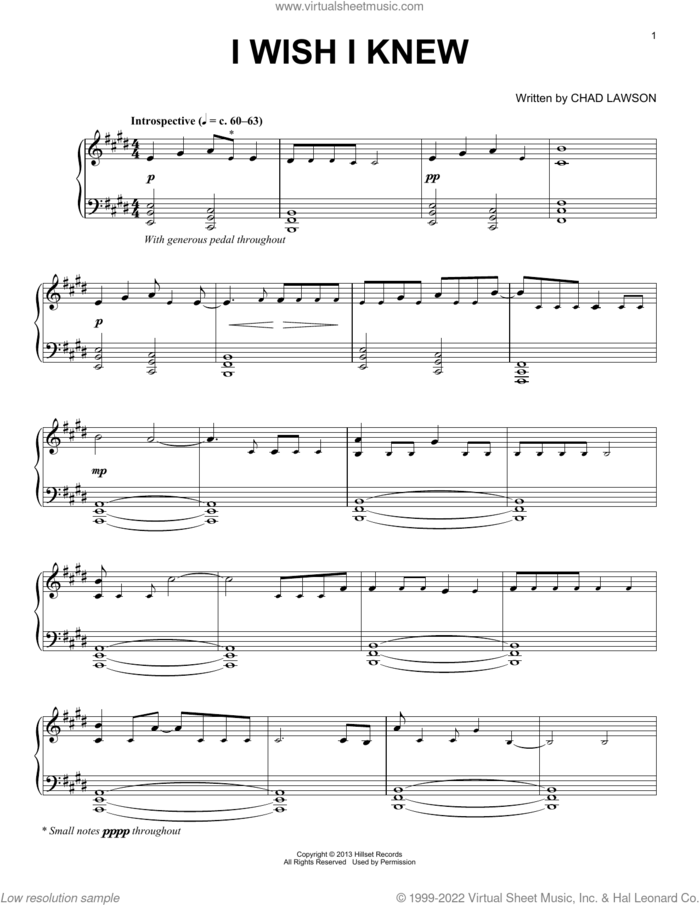 I Wish I Knew sheet music for piano solo by Chad Lawson, intermediate skill level