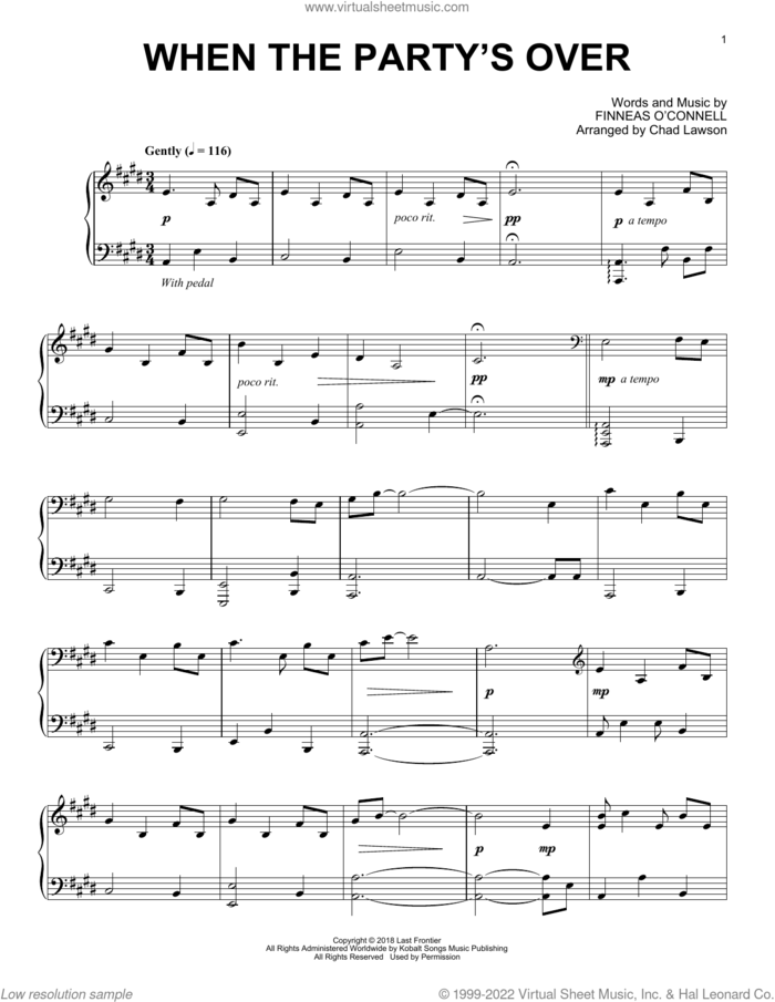 when the party's over (arr. Chad Lawson) sheet music for piano solo by Billie Eilish and Chad Lawson, intermediate skill level